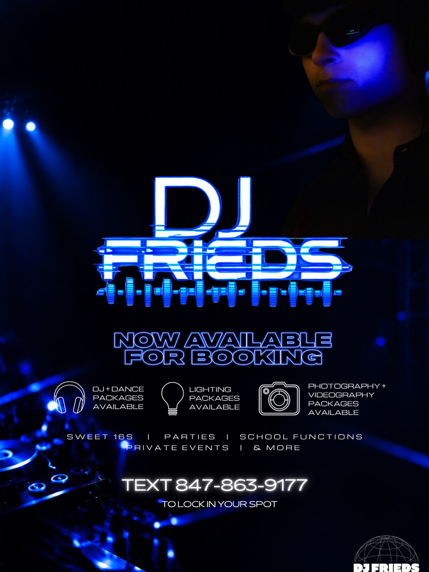 DJ Frieds booking poster listing DJ, lighting and photo packages